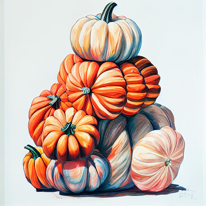 iImage showing an image of stacked pumpkins changed to with Midjourney Image Remix from the v4 to test model.