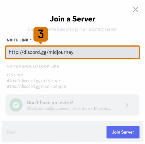image showing step three of joining the Midjourney Discord Server