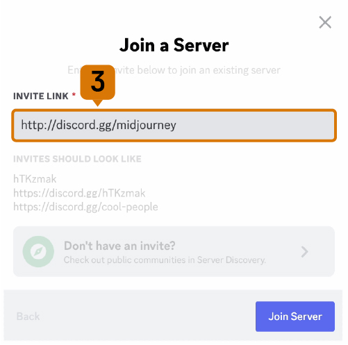 Midjourney Discord サーバーに参加するステップ 3 を示す画像