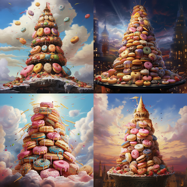 example image of a Midjourney image created with the prompt: Please, whimsical magical tower of donuts, intricately crafted, colorful sprinkles, sugary masterpiece, realistic detail 
