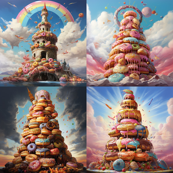 example image of a Midjourney image created with the prompt: whimsical magical tower of donuts, crafted, colorful sprinkles, masterpiece, realistic detail 