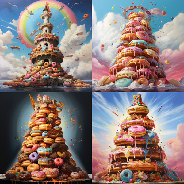 example image of a Midjourney image created with the prompt: magical tower of donuts, colorful sprinkles, masterpiece, realistic detail