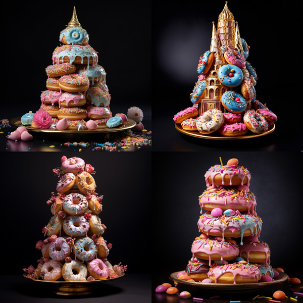 Midjourney Image showing the a tower of donuts. 