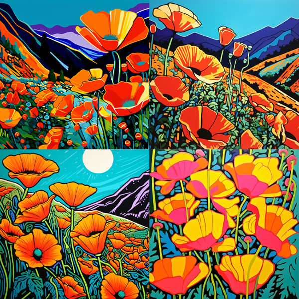 Midjourney image grid made with the prompt vibrant California poppies --style 2f582Pa6gvbt
