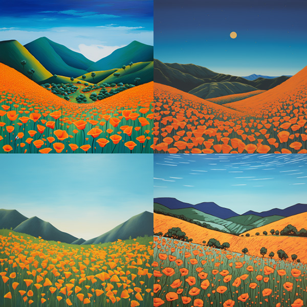 Midjourney image grid made with the prompt vibrant California poppies --style 74BORIhDi7lN