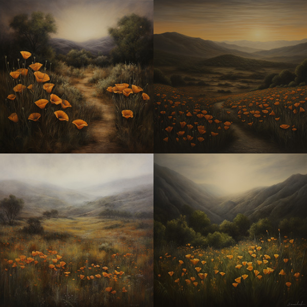 Midjourney image grid made with the prompt vibrant California poppies --style 9E9f1kv9V3t