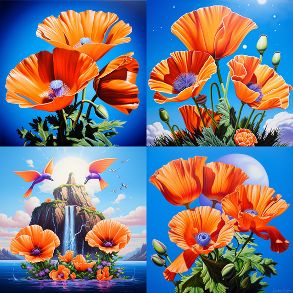 Midjourney image grid made with the prompt vibrant California poppies --style BjRnPd4xaz