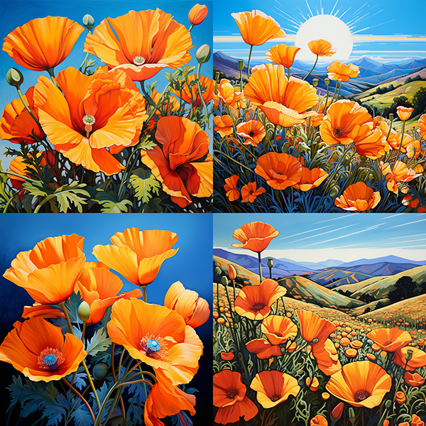 Midjourney image grid made with the prompt vibrant California poppies