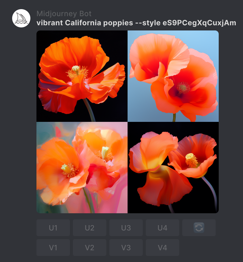 Image showing the Midjourney interface with a grid of images made with the prompt vibrant California poppies --code E9qe0kNB