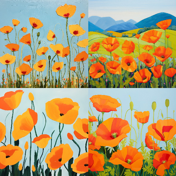 Midjourney image grid made with the prompt vibrant California poppies --style 4hWWZ8koe2PN