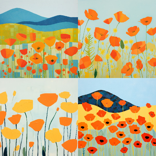 Midjourney image grid made with the prompt vibrant California poppies --style 4hWWZ8koe2PN --s 100