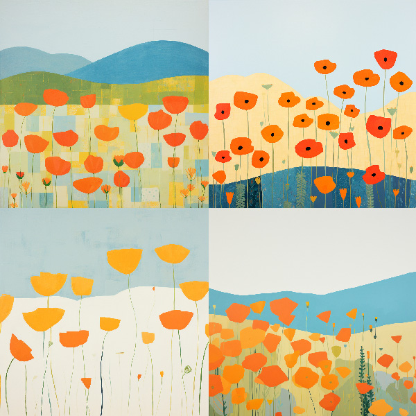 Midjourney image grid made with the prompt vibrant California poppies --style 4hWWZ8koe2PN --s 250