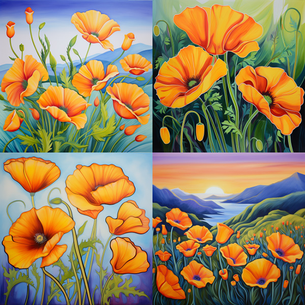Midjourney image grid made with the prompt vibrant California poppies --style cFXCdj6b