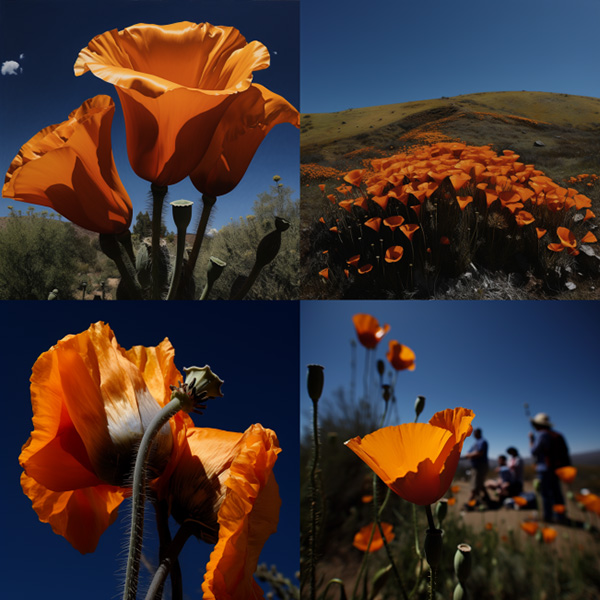 Midjourney image grid made with the prompt vibrant California poppies --cstyle code kaxBt2Ez