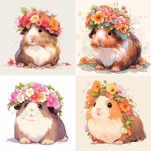 Midjourney Version v5.1 example image of a guinea pig wearing a flower crown --niji 5