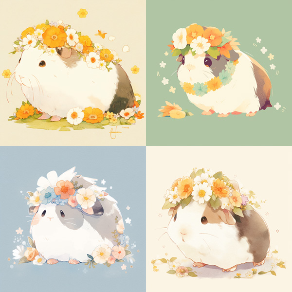 Midjourney Version v5.1 example image of a guinea pig wearing a flower crown --niji 5 --style cute