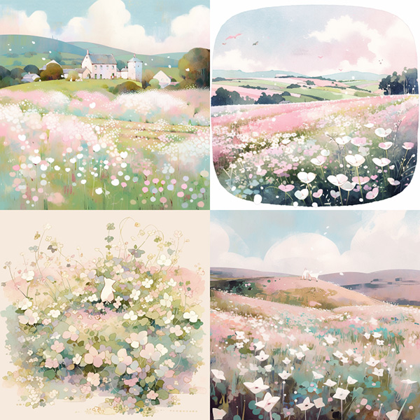 Midjourney niji example image of a pastel fields of oxalis --niji 5 --style cute