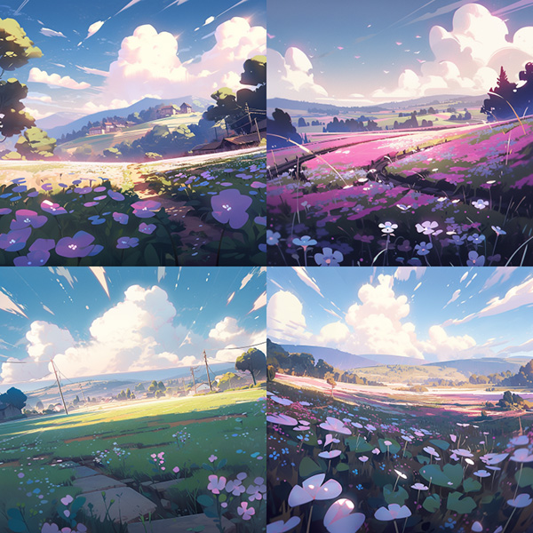 Midjourney niji example image of a pastel fields of oxalis --niji 5 --style scenic