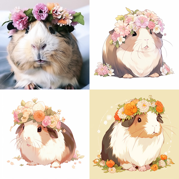 Midjourney Version v5.1 example image of a guinea pig wearing a flower crown --niji 5 --style original