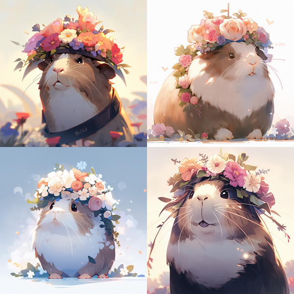 Midjourney Version v5.1 example image of a guinea pig wearing a flower crown --niji 5 --style scenic
