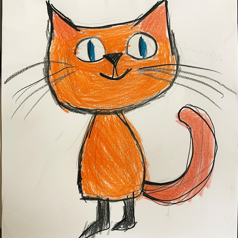 Midjourney style parameter example. Image of the prompt childs drawing of a cat stylize=100