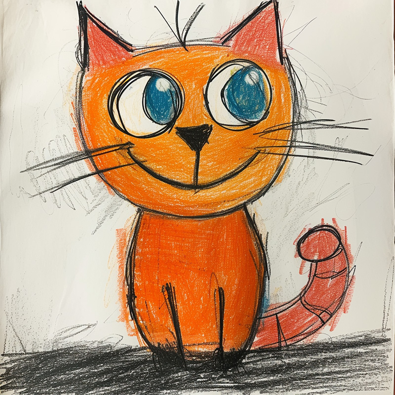 Midjourney style parameter example. Image of the prompt childs drawing of a cat stylize=250