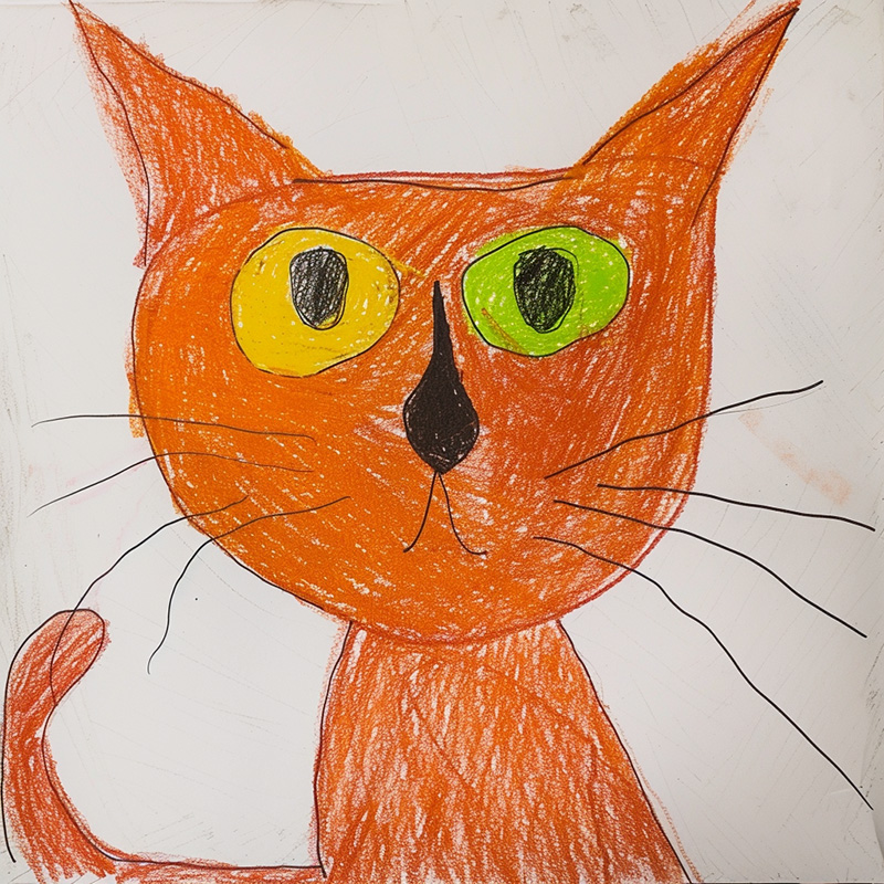 Midjourney style parameter example. Image of the prompt childs drawing of a cat stylize=0