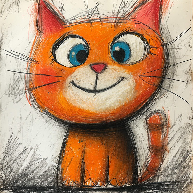 Midjourney style parameter example. Image of the prompt childs drawing of a cat stylize=500