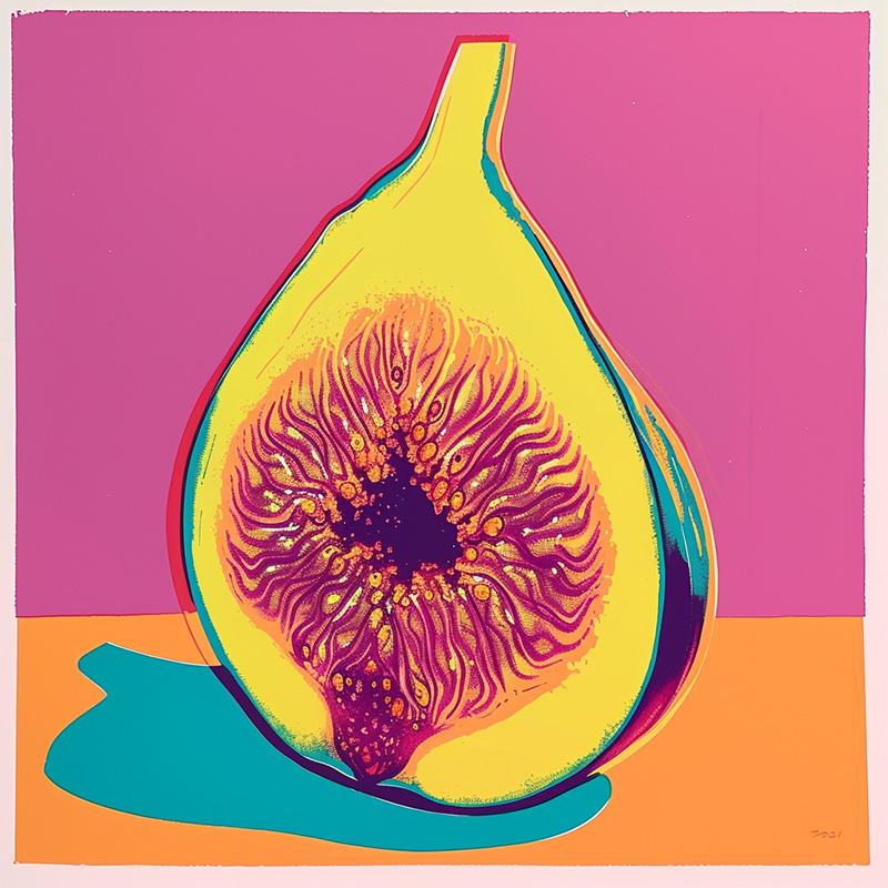 Midjourney style parameter example. Image of the prompt colorful risograph of a fig stylize=100
