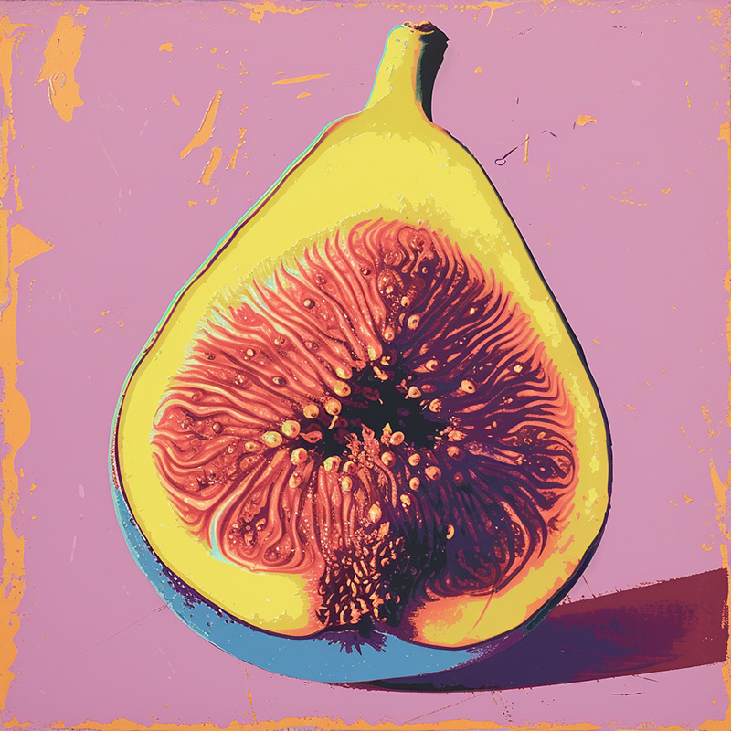 Midjourney style parameter example. Image of the prompt colorful risograph of a fig stylize=250