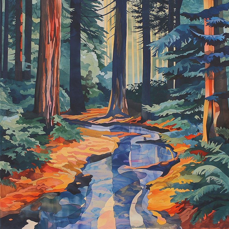 Midjourney Image created with prompt 1960s pop-art acrylic painting of a stream running through a redwood forest after using the Creative Upscaler