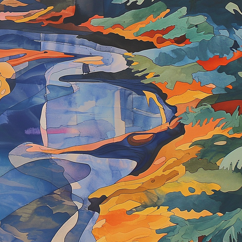 detail from Midjourney Image created with prompt 1960s pop-art acrylic painting of a stream running through a redwood forest after using the Creative Upscaler