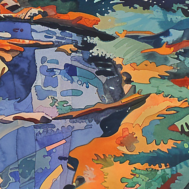 detail from Midjourney Image created with prompt 1960s pop-art acrylic painting of a stream running through a redwood forest