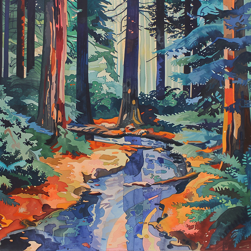Midjourney Image created with prompt 1960s pop-art acrylic painting of a stream running through a redwood forest