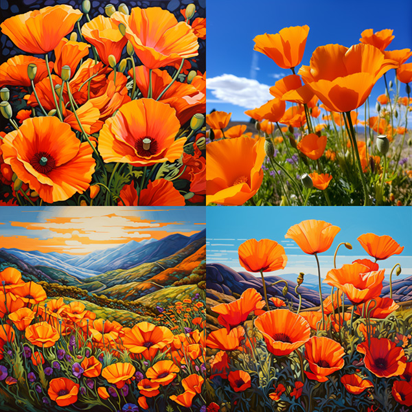 Midjourney Version v5.2 example image of the prompt vibrant california poppies --v 5.2