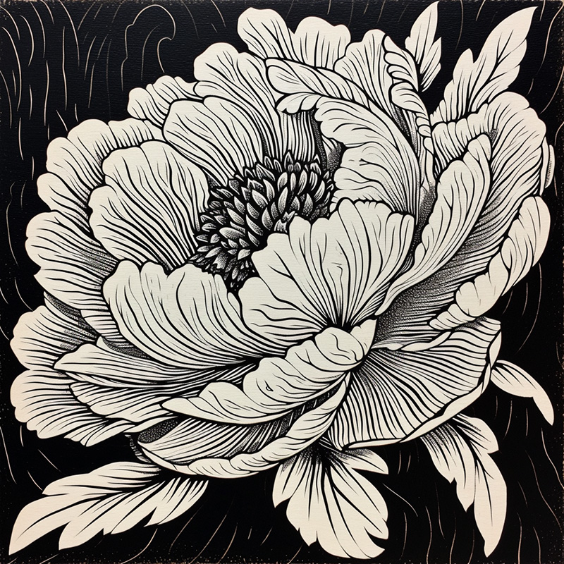 Example of Midjourney image generated with a quality setting of .5 and the prompt: intricate woodcut of a peony