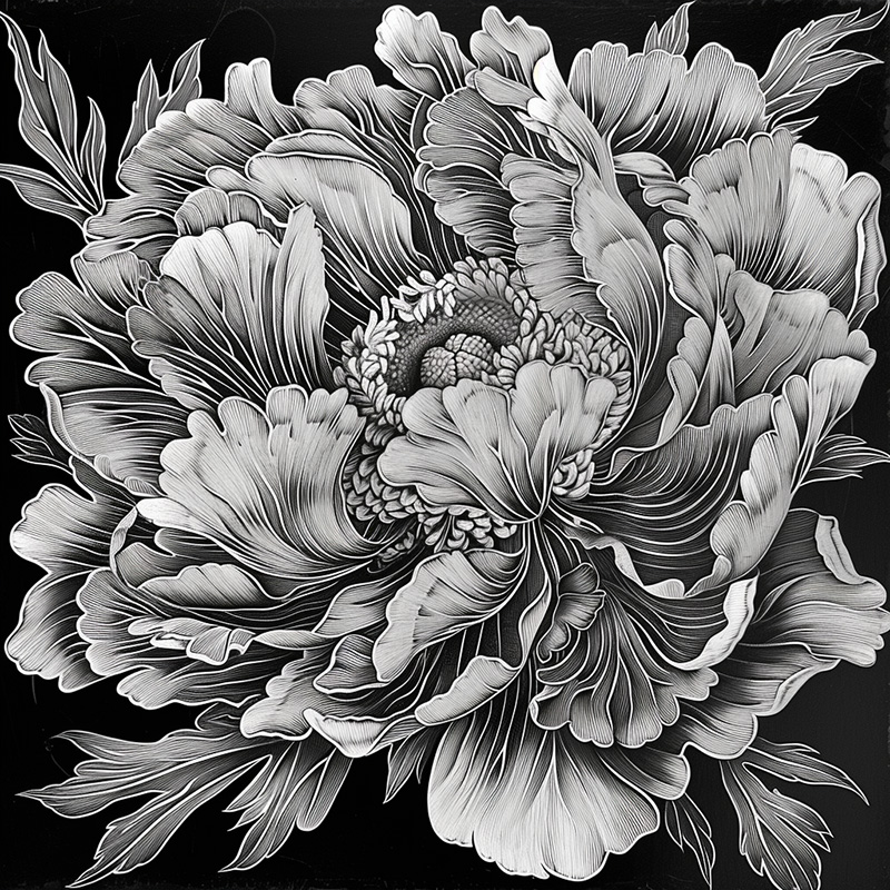 Example of Midjourney image generated with a quality setting of 1 and the prompt: intricate woodcut of a peony
