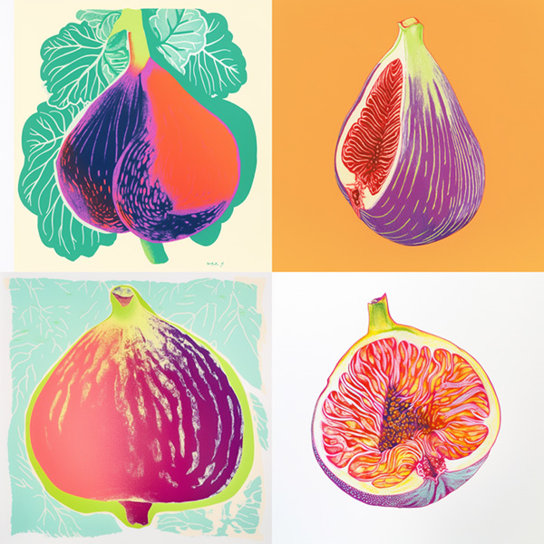 Midjourney style parameter example. Image of the prompt colorful risograph of a fig stylize=50