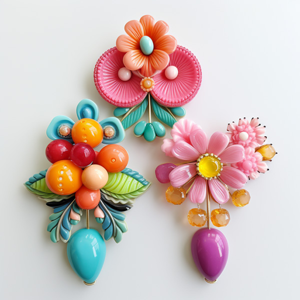 An image of three colorful brooches generated in Midjourney using the prompt colorful candy brooches