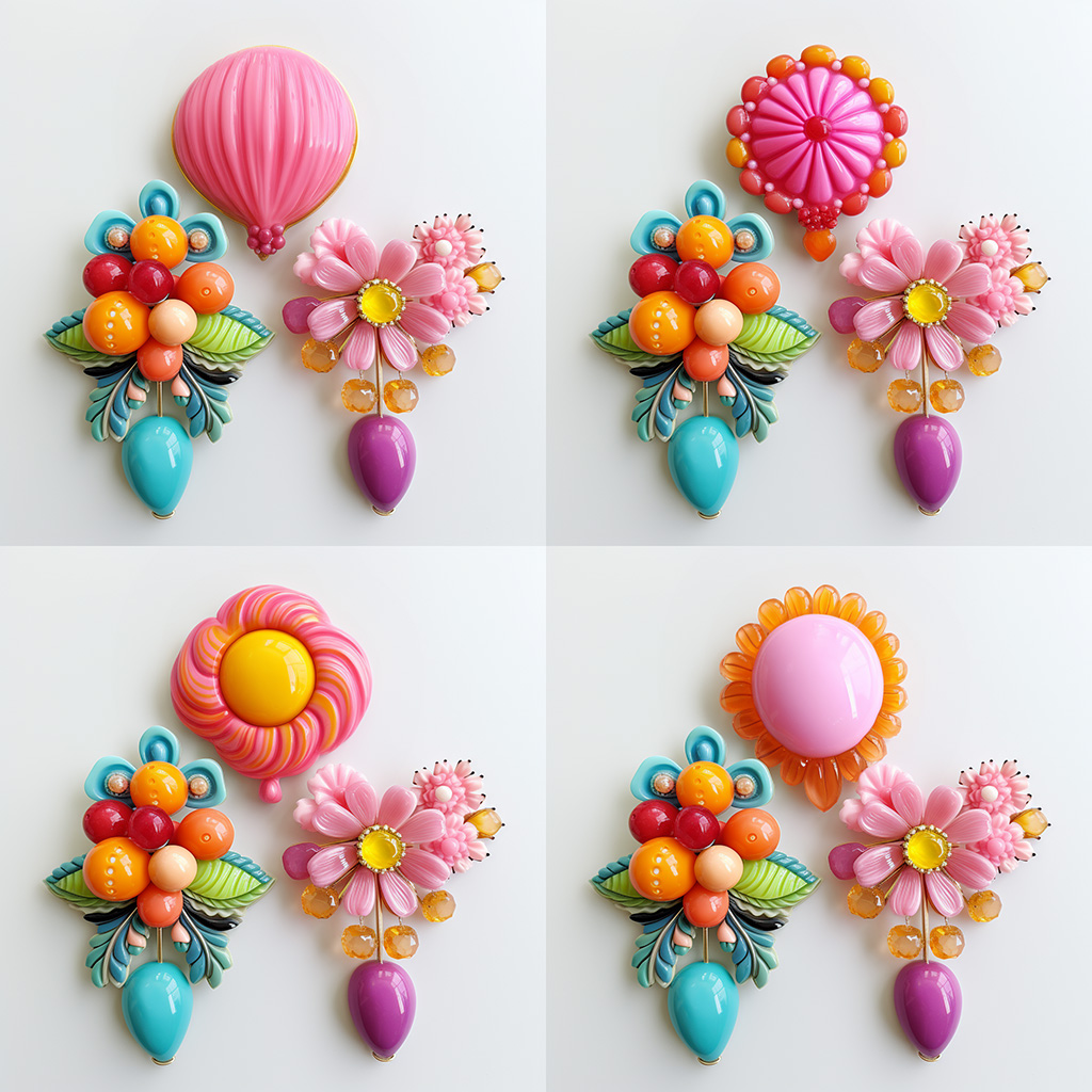 An image of an three colorful candy brooches made with the Midjourney Vary Region editor