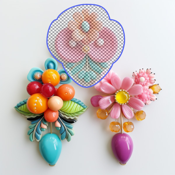 An image of an three colorful candy brooches overlaid with a Midjourney Vary Region editor selection