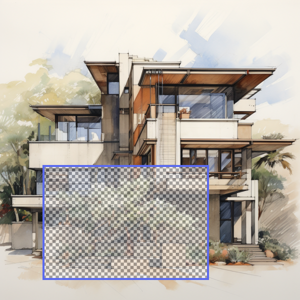 An image of an  architectural drawing of a house overlaid with a Midjourney Vary Region selection