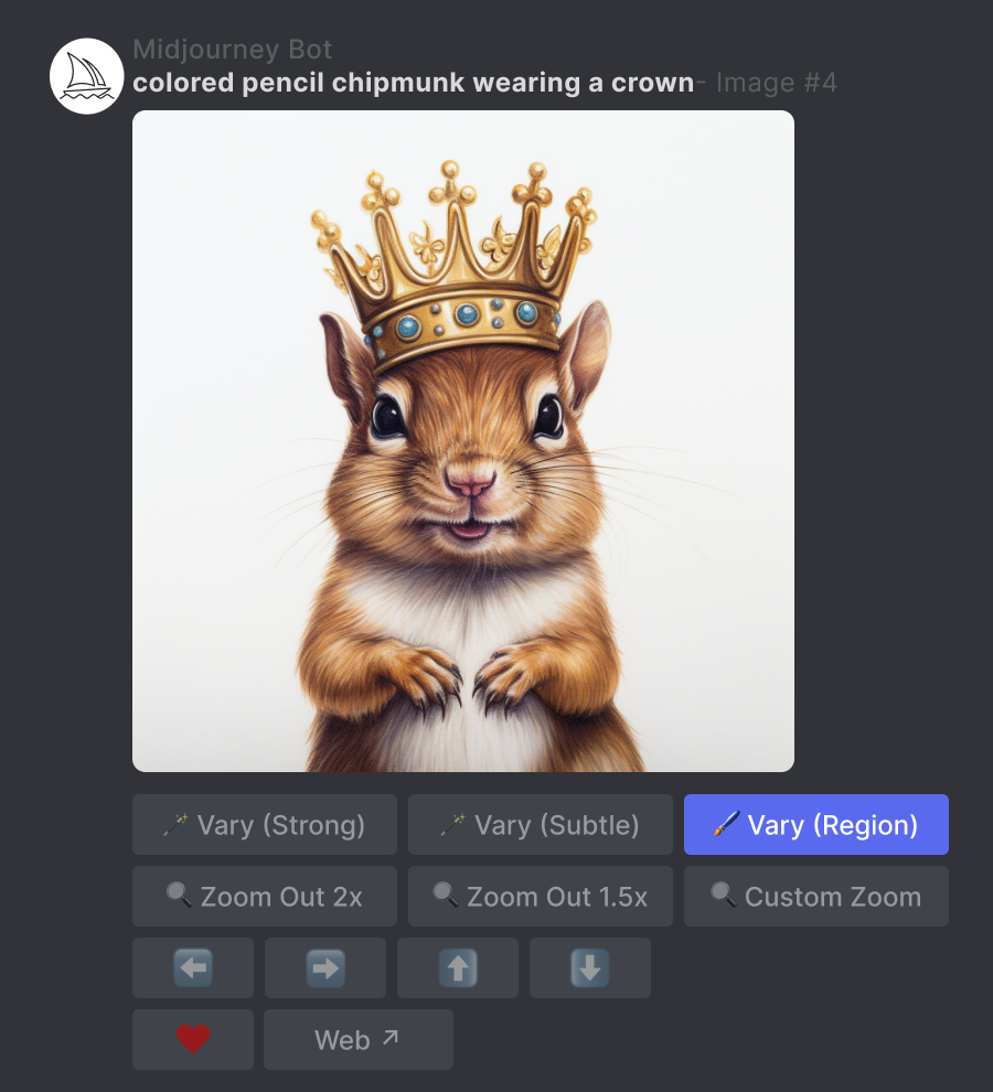 An upscaled image generated by the Midjourney Bot using the prompt "colored pencil chipmunk wearing a crown" the Vary Region button is highlighted in blue.