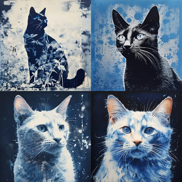 Example image generated using the Midjourney weird parameter, prompt: cyanotype cat --weird 0