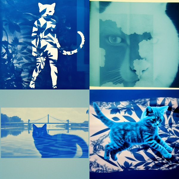 Example image generated using the Midjourney weird parameter, prompt: cyanotype cat --weird 1000