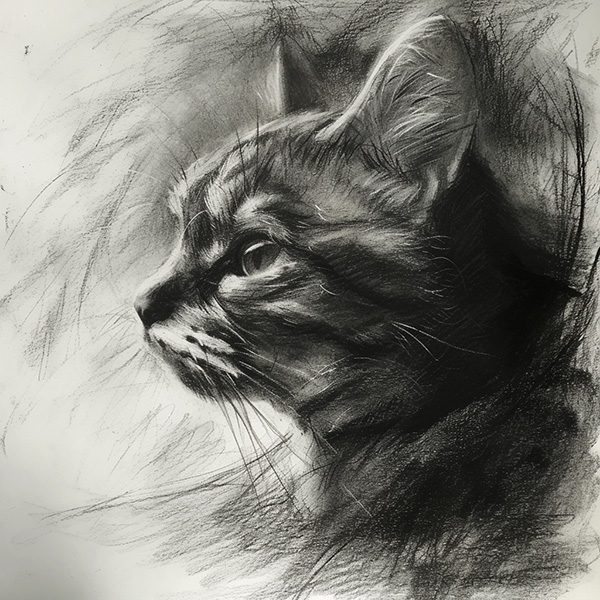 Example Midjourney image of a charcoal sketch of a cat