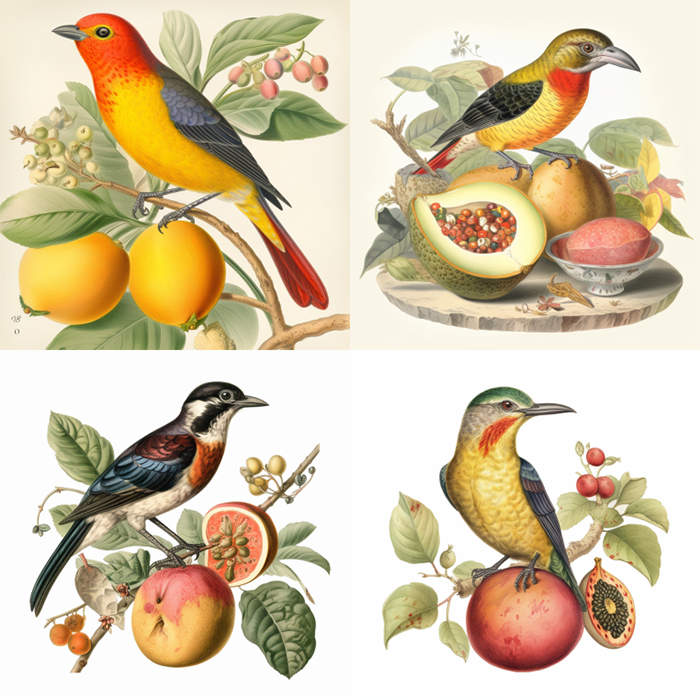A midjourney generated image of a fruit salad bird with a 1:1 aspect ratio