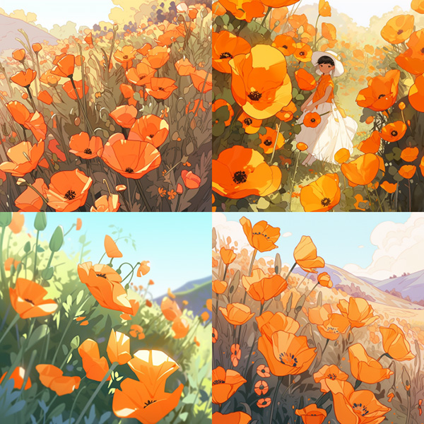 Example image grid created with the Midjourney niji 5 algorithm  using the Prompt: vibrant california poppies