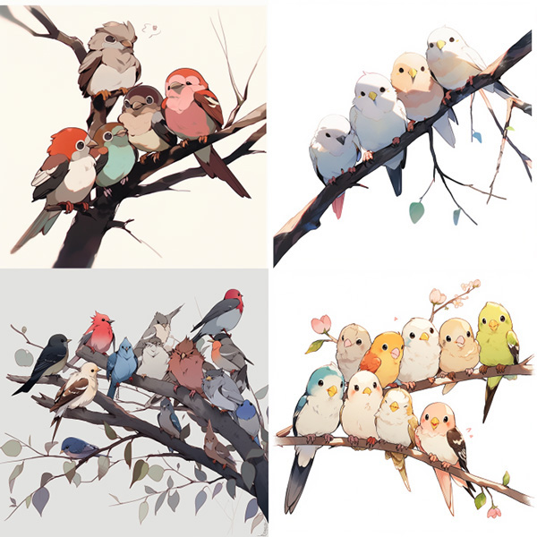 Example image grid created with the Midjourney niji 5 algorithm  using the Prompt: birds on a twig