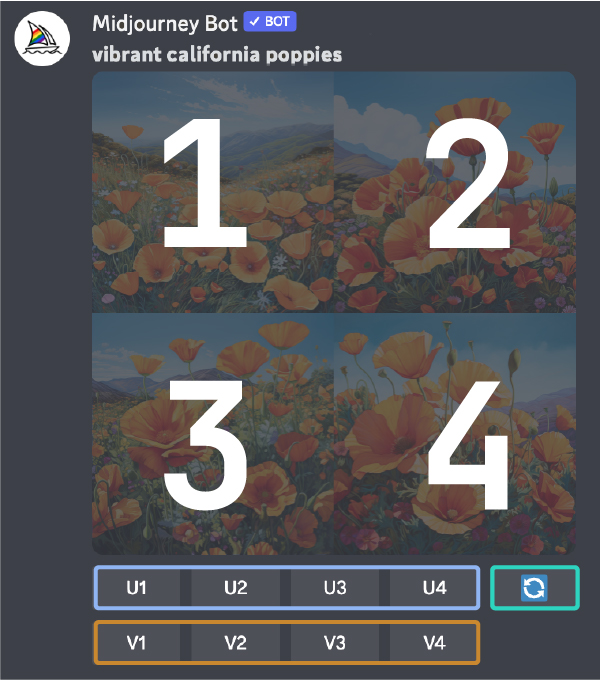 Image of the Midjourney Discord button interface after generating a grid of images